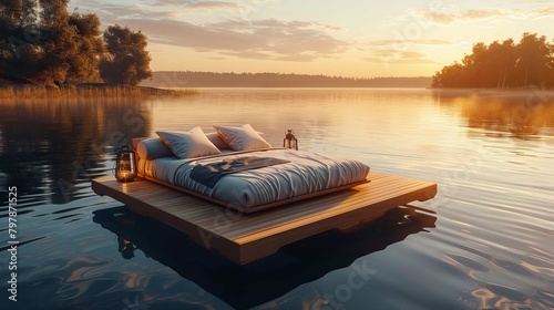 Luxury bed on a lake on a sunset with gradients on sky, best holiday resort, luxury travel stop