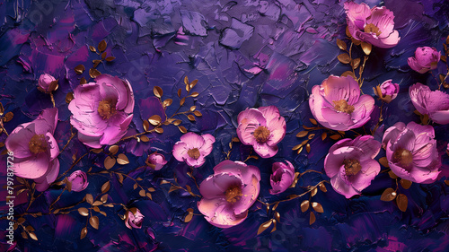 Bright pink and gold beautiful flowers on deep purple. An illustration in a picturesque style.