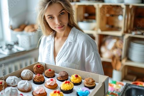 Confident pastry chef presents a colorful assortment of freshly-baked sweets