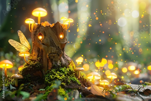 A curious, talking tree stump with tiny wings, exploring an enchanted forest filled with glowing mushrooms.