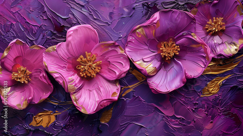 Bright pink and gold beautiful flowers on deep purple. An illustration in a picturesque style.