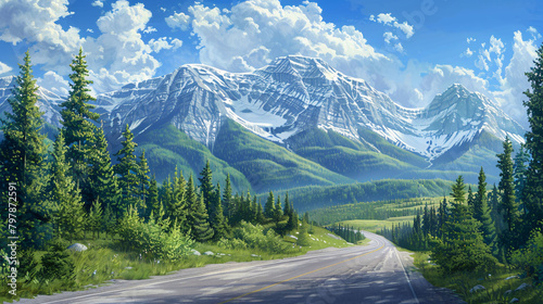 Scenic landscape with David Thompson Highway and mountains of Canadian Rockies photo