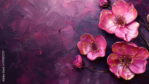 Bright pink and gold beautiful flowers on deep purple. An illustration in a picturesque style.