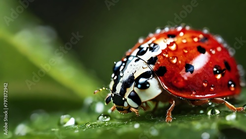 Close up of a ladybug clinging on the leaf with water drops