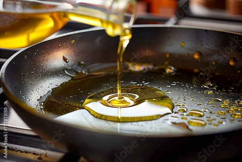 Close-up of cooking oil being poured into a hot frying pan, depicting the dynamic motion and the beginning of food preparation