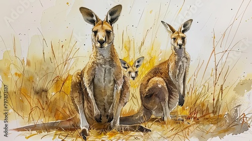 Three kangaroos standing in a field of tall grass. The kangaroos are all different sizes.