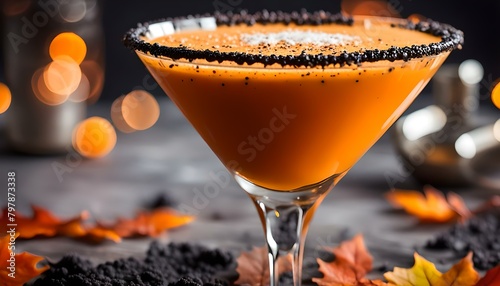 Pumpkintini pumpkin martini coctail with black salt rim for fall and halloween parties
 photo