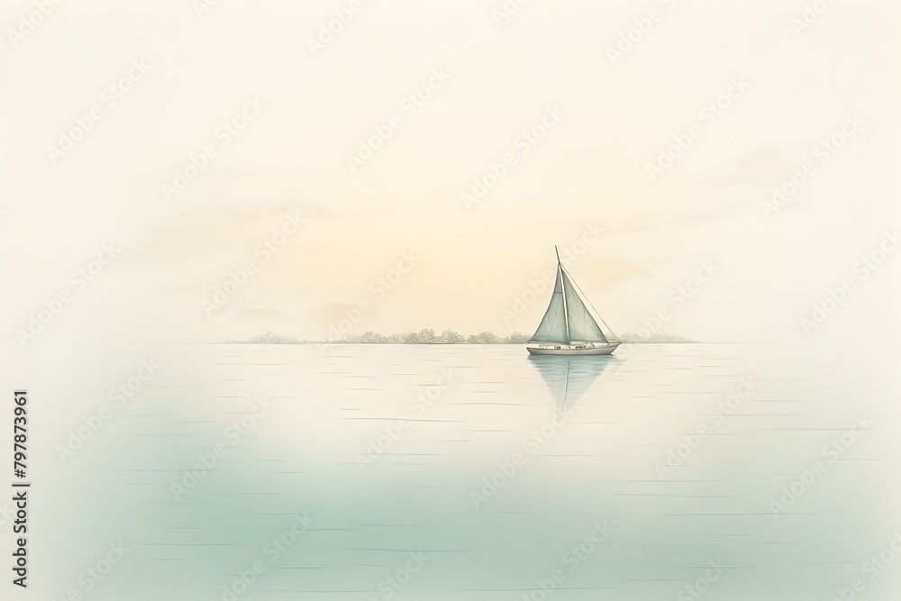 Serene Wooden Sailboat Gliding on Tranquil Azure Lake in Watercolor Painting