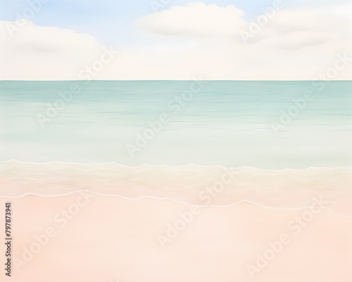 Serene Overhead Scene of Tranquil Coastal Landscape in Soft Pastel Colors and Clean Lines