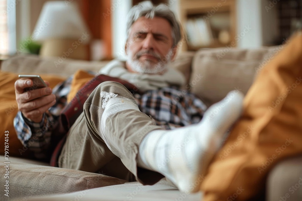 An older man lounging on a sofa, resting a bandaged leg while holding a TV remote control An older man lounging on a sofa, resting a bandaged leg while holding a TV remote control
