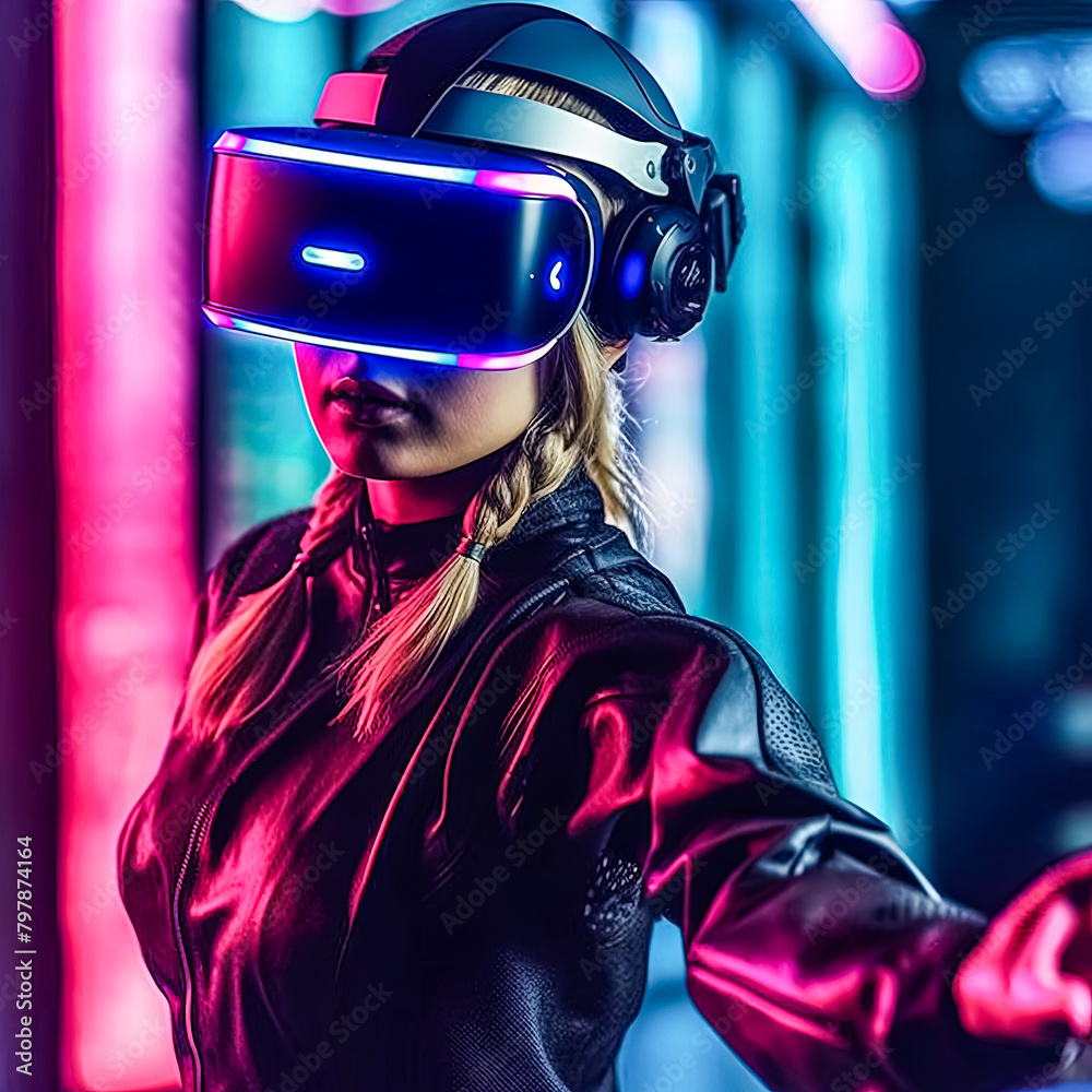 A woman wearing a virtual reality headset. The woman is wearing a black jacket and scarf. The room is dimly lit A woman wearing a virtual reality headset. The woman is wearing a black jacket and scarf. The room is dimly lit