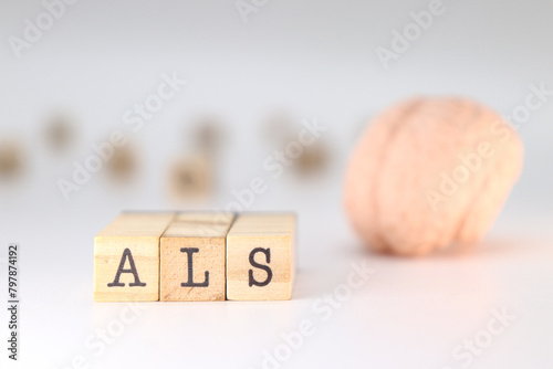 ALS acronym. Concept of Amyotrophic Lateral Sclerosis isolated with brain on white background