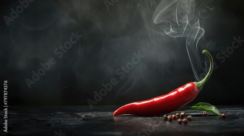 Red chili with smoke on a black background, the concept of spicy, Red hot chilli pepper with smoke which is burning and glowing, Spicy Hot Fiery Chili Pepper

 photo