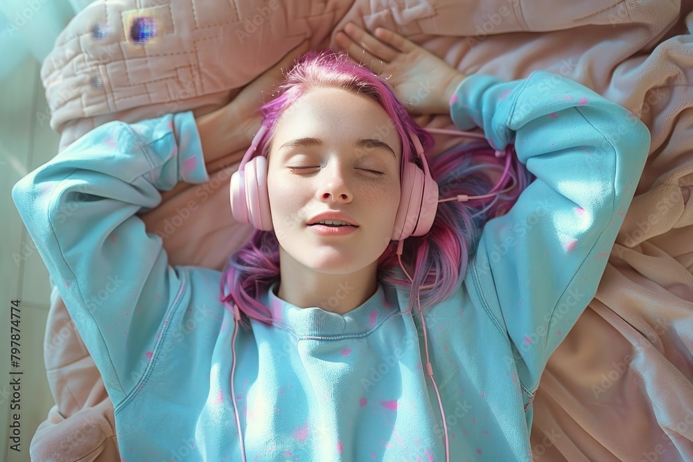 Fototapeta premium A young woman with pink hair enjoys music, relaxing with headphones on a sunny bed with hands behind head