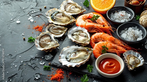 Variety of seafood with vegetables and herbs on a dark marble background. Food advertising. Banner, menu.