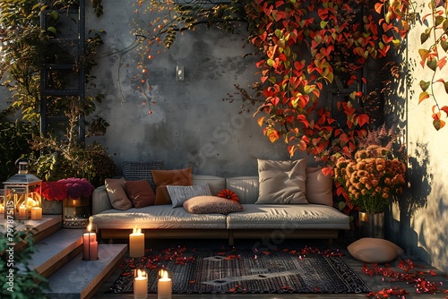 Autumn terrace with couch and candles in the fall garden photo