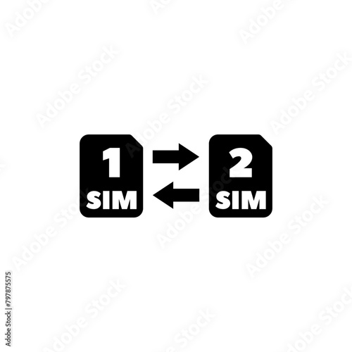 A simple black and white icon depicting the process of switching between two SIM card slots, represented by the numbers 1 and 2 and bidirectional arrows. Vector icon for website design, logo, app, ui.
