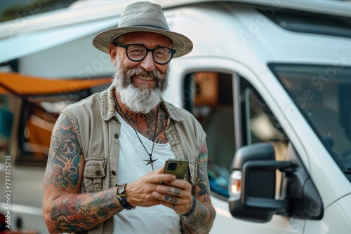 Tattooed male with stylish clothing using a smartphone standing beside a modern camper van on a sunny day photo