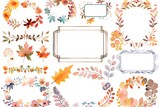 watercolor autumn floral frame set, white background, clipart