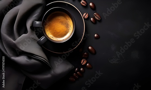 close up of a coffee cup with beans with black background