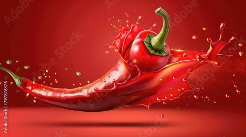 Red chili pepper with chili splashing elements ads isolated on solid color background  Red hot chili pepper flying and sparking in the air on a red background  concept for hot and spicy food