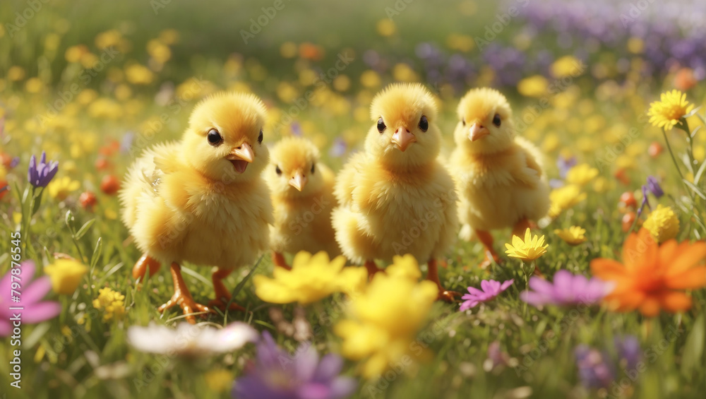 Three yellow baby chickens are walking through a field of flowers.


