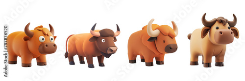 PNG buffalo 3d icons and objects collection, in cartoon style minimal on transparent, white background, isolate