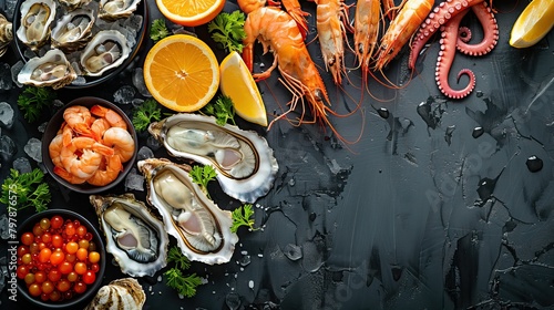 Variety of seafood with vegetables and herbs on a dark marble background. Food advertising. Banner, menu.