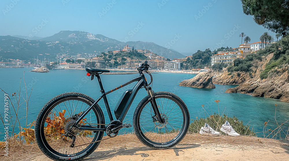 There is a bicycle on the shore by the water, summer shoes next to it, against the background of the sea with boats and boats. A moment of peace and freedom in the summer landscape