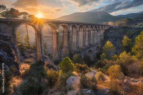 A historic aqueduct stretching across a sun-drenched valley, its ancient stone arches standing as a testament to engineering marvels of the past. photo