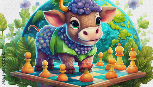 oil painting style CARTOON CHARACTER CUTE baby buffalo in game of chess © stefanelo