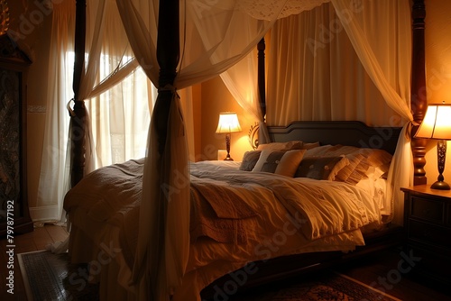 A luxurious bedroom with a four-poster bed, elegant drapes, and soft, ambient lighting. © Kashif