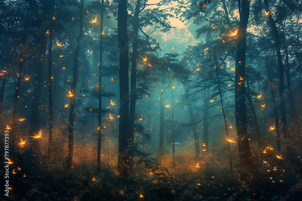 A magical forest illuminated by thousands of fireflies, creating a whimsical and enchanting atmosphere.