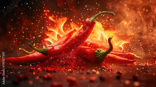 A powerful explosion of red dust floating with red hot chili peppers on a maroon background, Gourmet hot spices, Organic healthy plant food concept, Source of capsaicin 