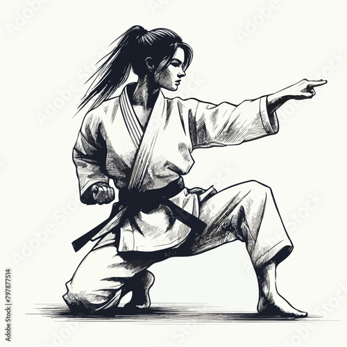 illustration of the woman in kimono training taekwondo and karate in graphic style