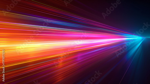 A colorful  long  and thin line of light is projected onto a dark background