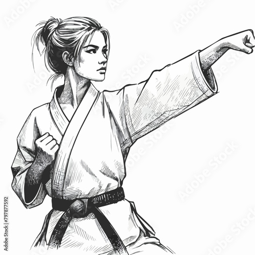 illustration of the woman in kimono training taekwondo and karate in graphic style