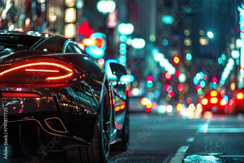 A metropolitan downtown scene at night, with the viewers reflection visible in the sleekly tinted windows of a luxury sportscar