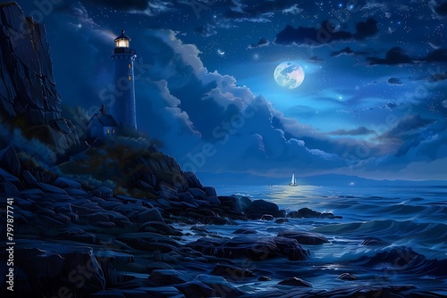 A majestic lighthouse beaming its light across a rocky coastline, guiding ships through the darkness of the night.