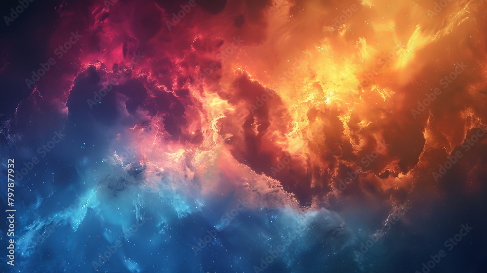 A colorful space scene with a blue and red swirl