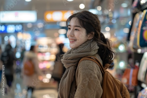 Wallpaper Mural A woman wearing a brown scarf and a brown jacket is smiling in a store Torontodigital.ca