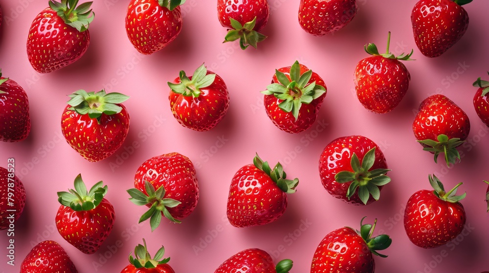 top view of strawberry on pink background