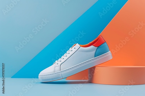 A minimalist product shot featuring a pair of sleek, minimalist sneakers with interchangeable color panels, emphasizing customization and self-expression within the footwear market.