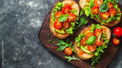 Avocado and cherry tomato open-faced sandwich photo
