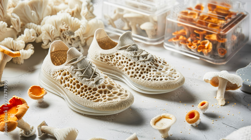 Inspired Athletic Shoes Crafted from Mycelium Fibers, Displayed Alongside Fungi Decor Inspired Athletic Shoes Crafted from Mycelium Fibers, Displayed Alongside Fungi Decor