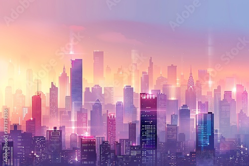 A modern city skyline with skyscrapers and soft gradients of light shades, portrayed in a sleek and contemporary vector illustration. © Kashif