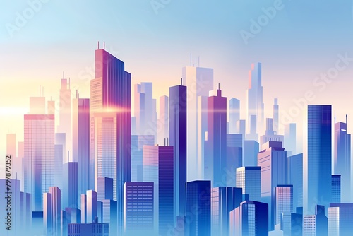 A modern city skyline with skyscrapers and soft gradients of light shades, portrayed in a sleek and contemporary vector illustration.