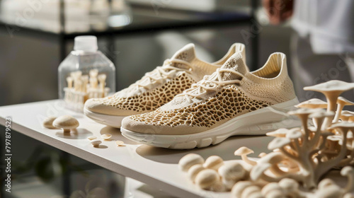 Biodegradable Footwear. Eco-Friendly Sneakers Made of Mycelium Fibers, Mimicking Mushrooms with Fungal Deco