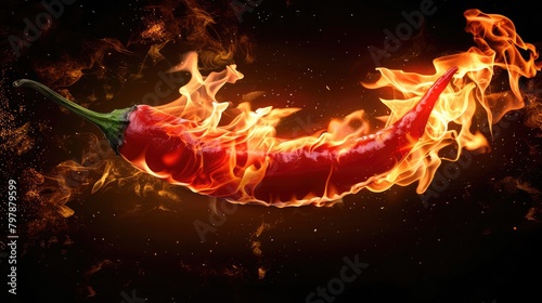 Red hot chili pepper on fire isolated on a black background ,Fiery Heat Hot Pepper Flaming and Burning, Red chili pepper close-up in a burning flame on a black . high quality photo 