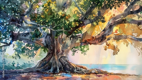 Beautiful painting of the Bodhi Sacred Fig tree in watercolor photo